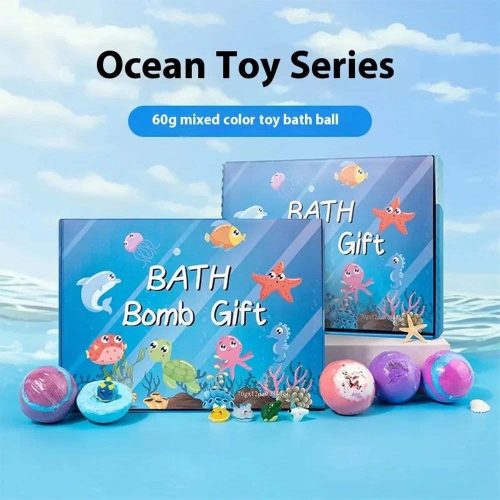 DSaveU8 Kids Ocean Bath Salt Set with Surprise Toys Inside - 12 Pack Organic Safe Bubble Bath Fizzer Balls, Gentle Children's Gift Combo