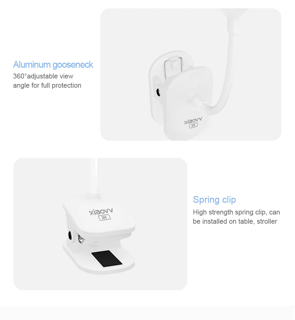 Wireless 2K WiFi Baby Monitor - Smart Crying Detection Camera with 360° Flexible Gooseneck Clip, Full-Color Night Vision & Two-Way Audio