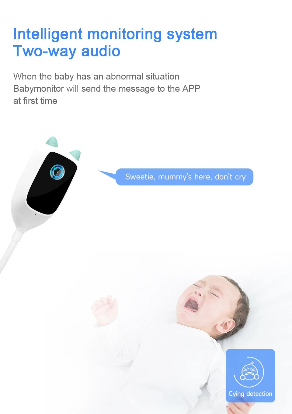 Wireless 2K WiFi Baby Monitor - Smart Crying Detection Camera with 360° Flexible Gooseneck Clip, Full-Color Night Vision & Two-Way Audio