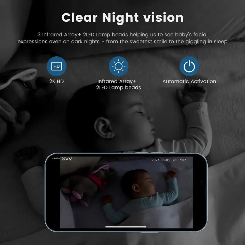 Wireless 2K WiFi Baby Monitor - Smart Crying Detection Camera with 360° Flexible Gooseneck Clip, Full-Color Night Vision & Two-Way Audio