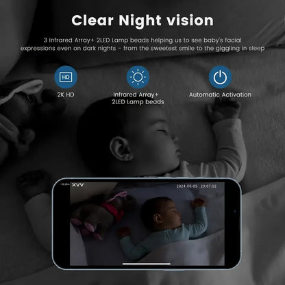 Wireless 2K WiFi Baby Monitor - Smart Crying Detection Camera with 360° Flexible Gooseneck Clip, Full-Color Night Vision & Two-Way Audio