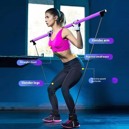 Portable Pilates Bar Stick with Adjustable Resistance Bands - Fitness Exercise Rod for Yoga, Stretching, Core & Full Body Home Workout, Unisex