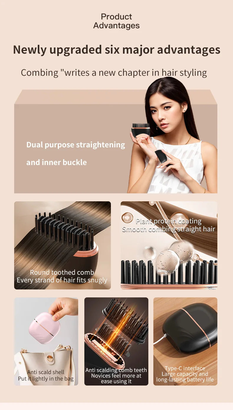 DSaveU8 Portable Mini Hair Straightener - Cordless Rechargeable Hair Straightening Brush Comb for Wet & Dry Use, 3 Temperature Settings