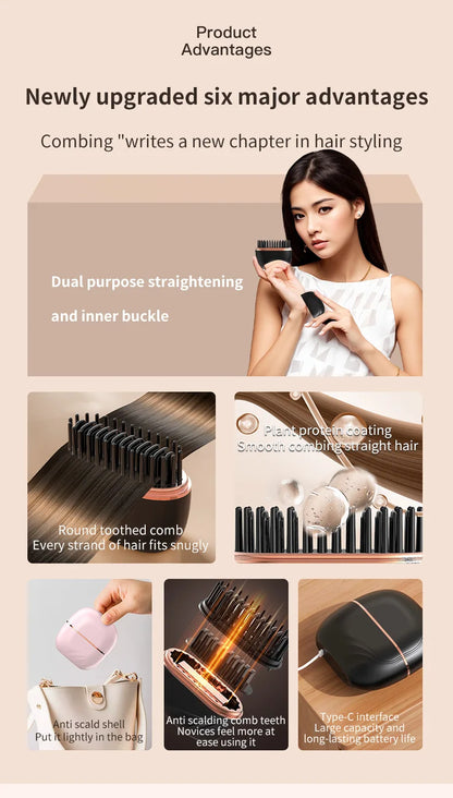 DSaveU8 Portable Mini Hair Straightener - Cordless Rechargeable Hair Straightening Brush Comb for Wet & Dry Use, 3 Temperature Settings