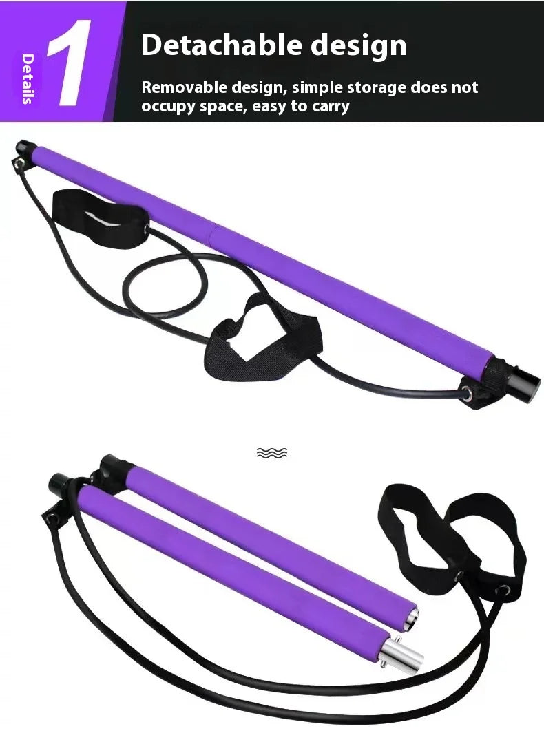 Portable Pilates Bar Stick with Adjustable Resistance Bands - Fitness Exercise Rod for Yoga, Stretching, Core & Full Body Home Workout, Unisex