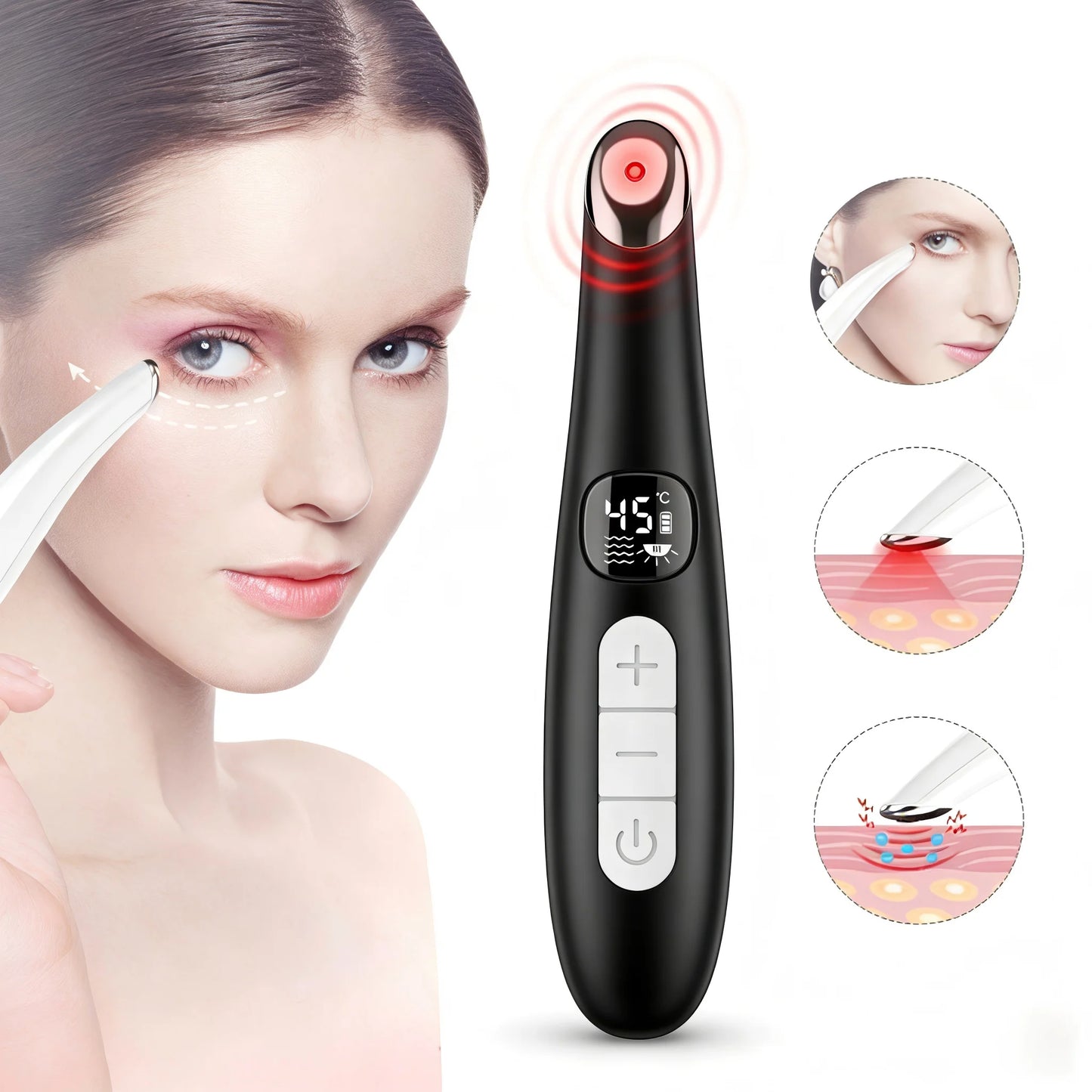 3-in-1 Electric Eye Massager Wand - LED Light Therapy Face Lift Beauty Device for Dark Circles, Puffiness & Fine Lines