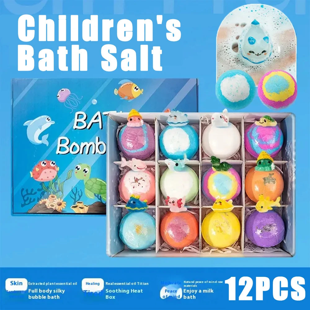 DSaveU8 Kids Ocean Bath Salt Set with Surprise Toys Inside - 12 Pack Organic Safe Bubble Bath Fizzer Balls, Gentle Children's Gift Combo