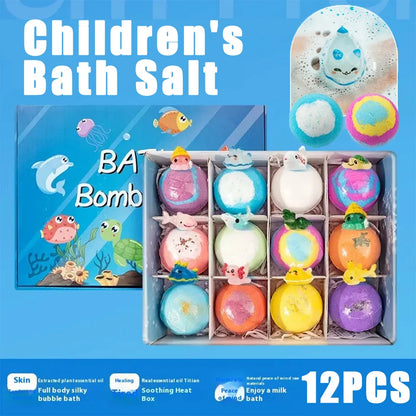 DSaveU8 Kids Ocean Bath Salt Set with Surprise Toys Inside - 12 Pack Organic Safe Bubble Bath Fizzer Balls, Gentle Children's Gift Combo