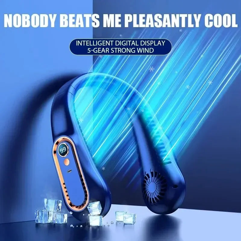 Portable Bladeless Neck Fan - USB Rechargeable Hands-Free Wearable Cooler with 5 Speeds and LED Digital Display, 2000mAh