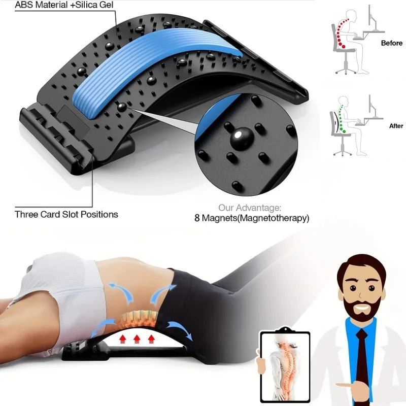 Multi-Level Back Stretcher and Lumbar Support Device - Spine Relaxation Massage Pad for Muscle Tension Relief, Unisex