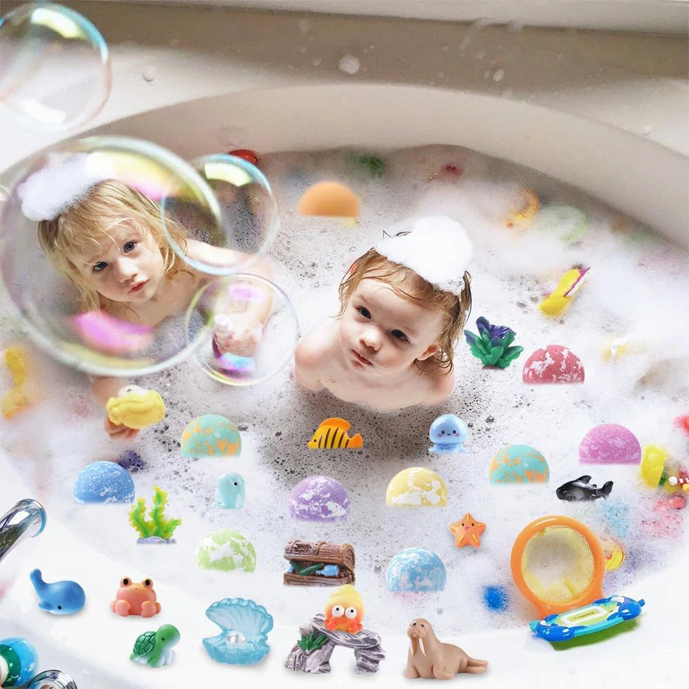 DSaveU8 Kids Ocean Bath Salt Set with Surprise Toys Inside - 12 Pack Organic Safe Bubble Bath Fizzer Balls, Gentle Children's Gift Combo