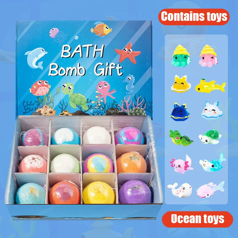DSaveU8 Kids Ocean Bath Salt Set with Surprise Toys Inside - 12 Pack Organic Safe Bubble Bath Fizzer Balls, Gentle Children's Gift Combo
