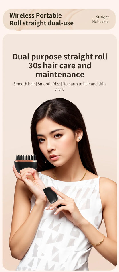 DSaveU8 Portable Mini Hair Straightener - Cordless Rechargeable Hair Straightening Brush Comb for Wet & Dry Use, 3 Temperature Settings