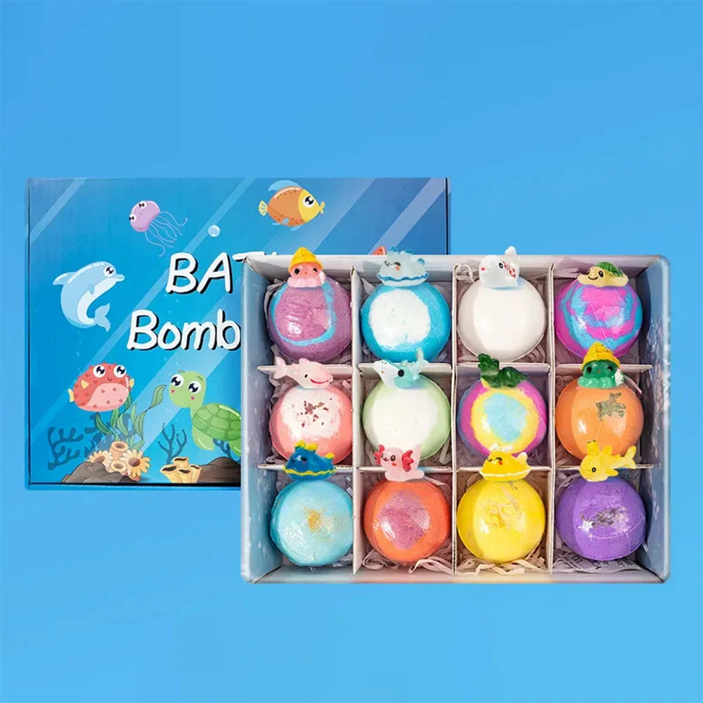 DSaveU8 Kids Ocean Bath Salt Set with Surprise Toys Inside - 12 Pack Organic Safe Bubble Bath Fizzer Balls, Gentle Children's Gift Combo