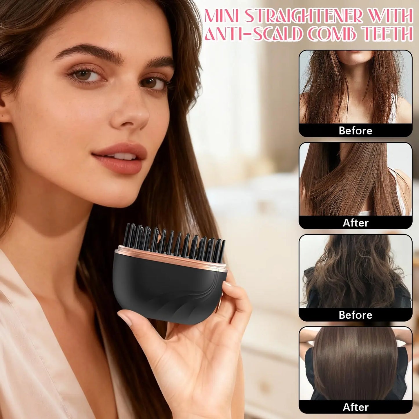 DSaveU8 Portable Mini Hair Straightener - Cordless Rechargeable Hair Straightening Brush Comb for Wet & Dry Use, 3 Temperature Settings