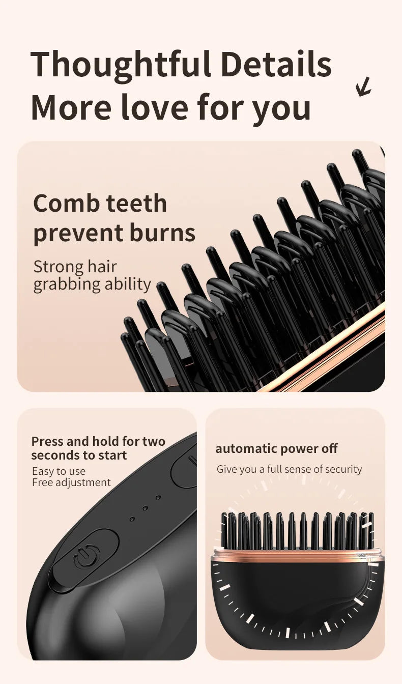 DSaveU8 Portable Mini Hair Straightener - Cordless Rechargeable Hair Straightening Brush Comb for Wet & Dry Use, 3 Temperature Settings