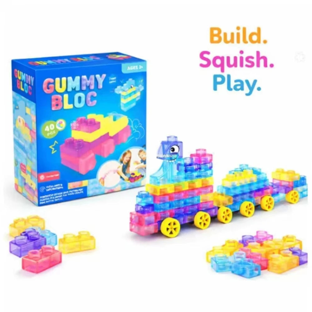Transparent Crystal Soft Gummy Building Blocks - Squishy Stretchy Creative Tabletop Game & Sensory Stress Relief Fidget Toy for Parties