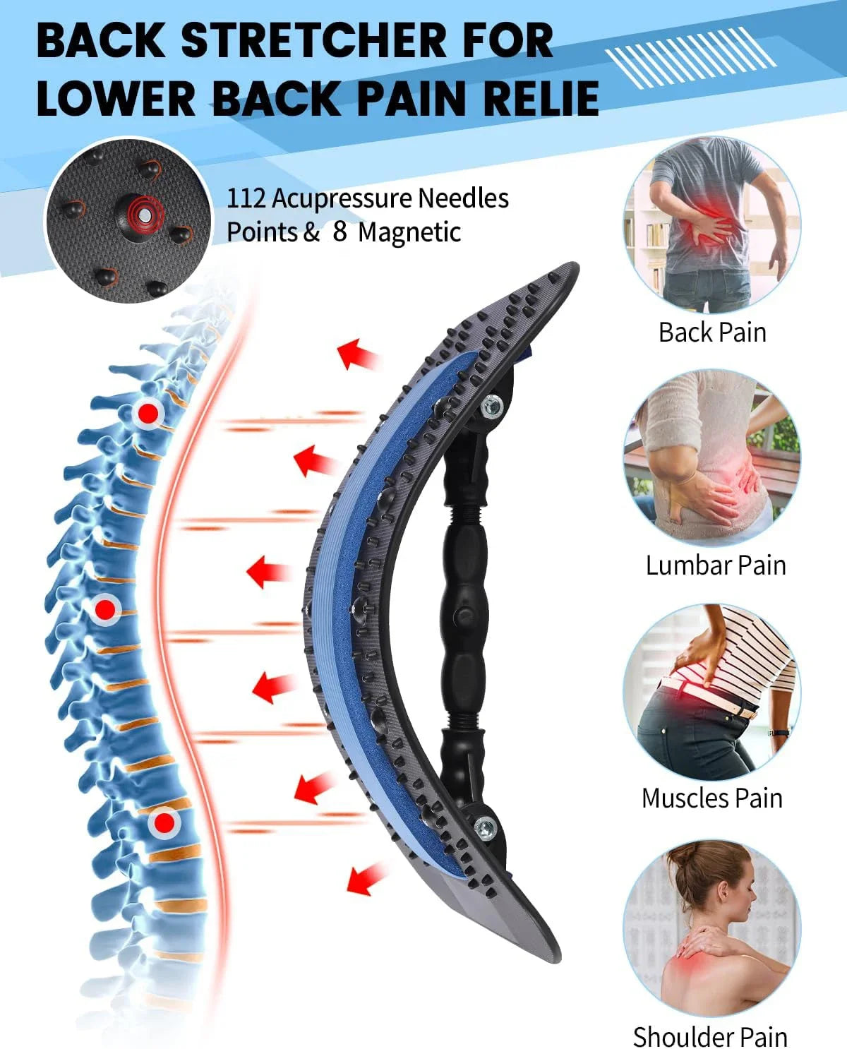 Multi-Level Back Stretcher and Lumbar Support Device - Spine Relaxation Massage Pad for Muscle Tension Relief, Unisex
