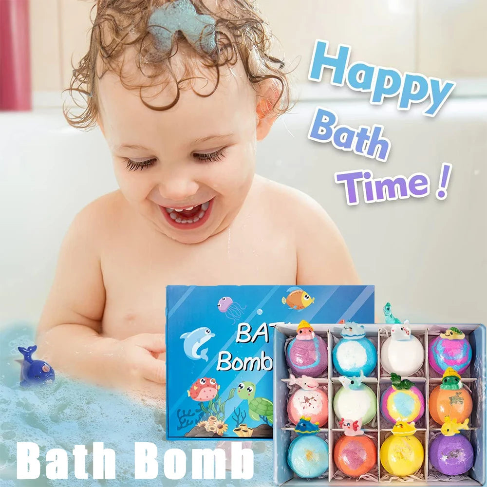 DSaveU8 Kids Ocean Bath Salt Set with Surprise Toys Inside - 12 Pack Organic Safe Bubble Bath Fizzer Balls, Gentle Children's Gift Combo