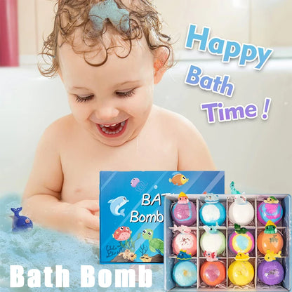 DSaveU8 Kids Ocean Bath Salt Set with Surprise Toys Inside - 12 Pack Organic Safe Bubble Bath Fizzer Balls, Gentle Children's Gift Combo