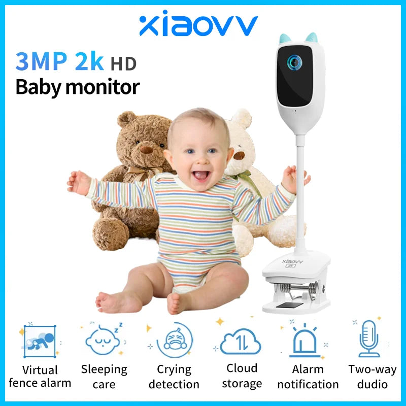 Wireless 2K WiFi Baby Monitor - Smart Crying Detection Camera with 360° Flexible Gooseneck Clip, Full-Color Night Vision & Two-Way Audio